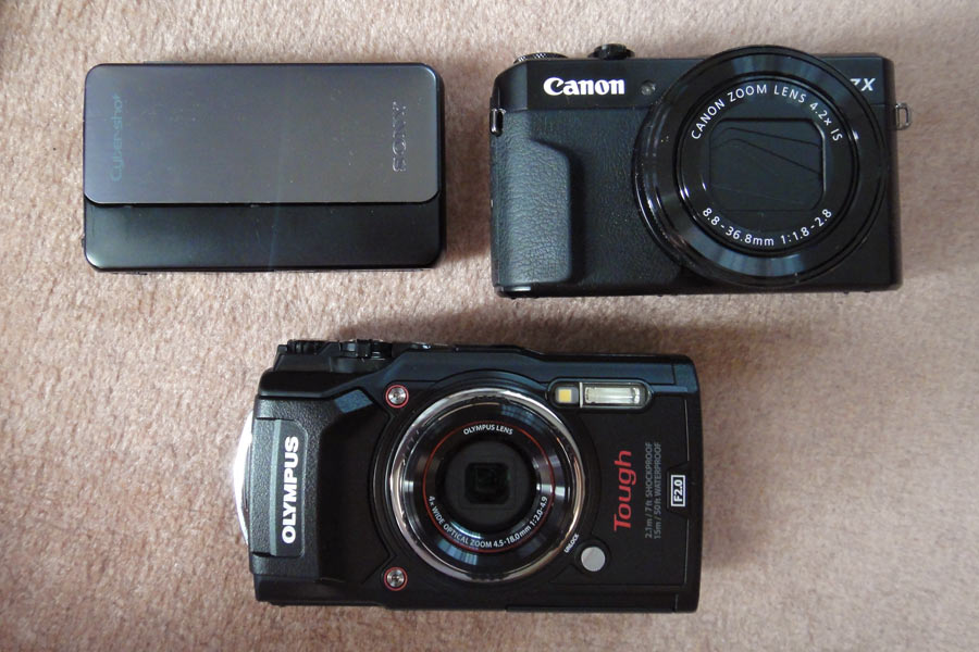 Tough TG-5とCanon PowerShot G7X Mark IIとSONY Cyber-shot DSC-TX20の大きさの比較